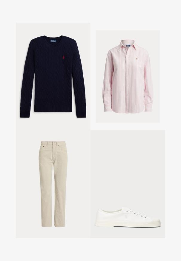 Jersey de punto de cable azul marino con mangas largas, cuello redondo, puños y bajo acanalados, con un pequeño logo bordado en rojo de un jugador de polo en el pecho.; Camisa de manga larga con botones en rosa claro con rayas blancas y azules, con un pequeño logo bordado en el pecho, hecha de tela de algodón.; Pantalones de pana beige de corte recto con trabillas para cinturón, botón delantero, cremallera y bolsillos delanteros.; Zapatilla de lona blanca con puntera redonda, cierre de cordones y un discreto detalle de logo. Presenta una tela texturizada y suela de goma.