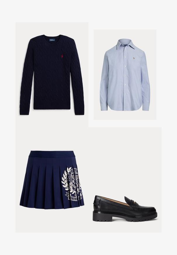 Jersey de punto de cable azul marino con mangas largas, cuello redondo, puños y bajo acanalados, con un pequeño logo bordado en rojo de un jugador de polo en el pecho.; Camisa azul clara de manga larga con botones, cuello puntiagudo y pequeño logo bordado en el pecho izquierdo.; Falda plisada azul marino con cinturilla ancha y logotipo blanco con escudo temático de tenis en el lado inferior derecho.; Mocasín de cuero negro con suela gruesa y con relieve, tacón bajo y tira decorativa en la parte delantera.