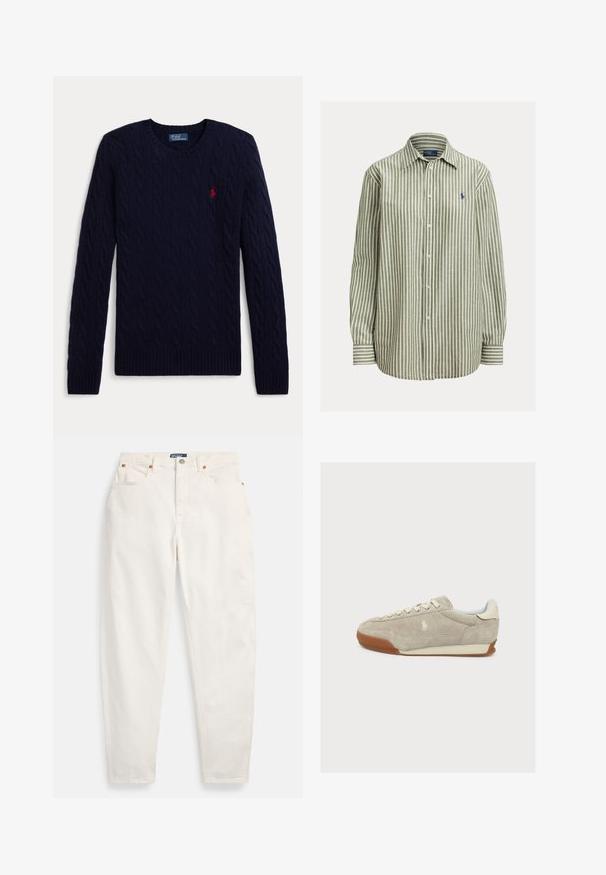 Navyblauwe kabelgebreide trui met lange mouwen, ronde hals, geribbelde manchetten en zoom, met een klein rood geborduurd polospelerlogo op de borst.; Groen-wit gestreept overhemd met knopen, katoenen stof, lange mouwen, klassieke kraag, met logo in marineblauw op de linkerborst, effen manchetten.; Witte jeans met hoge taille en rechte pijpen, voorzien van knoop en ritssluiting aan de voorkant, ontwerp met vijf zakken en Polo merkembleem op de tailleband.; Beige suède sneaker met witte veters, gumzool en klein geborduurd logo aan de zijkant, van links bekeken op een witte achtergrond.