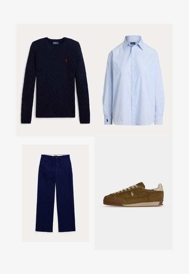 Mørkeblå kabelstrikket sweater med lange ærmer, rund hals, ribbede manchetter og kant, med en lille rød broderet polo-spiller logo på brystet.; Lyseblå langærmet skjorte med knapper og spids krave samt broderet logo på venstre manchet, vist på hvid baggrund.; Marineblå bukser med lige ben, bæltestropper, knaplukning foran og sidelommer på hvid baggrund.; Brun ruskind sneaker med cremefarvede snørebånd, tyk sål og et lille hvidt broderet logo på siden.