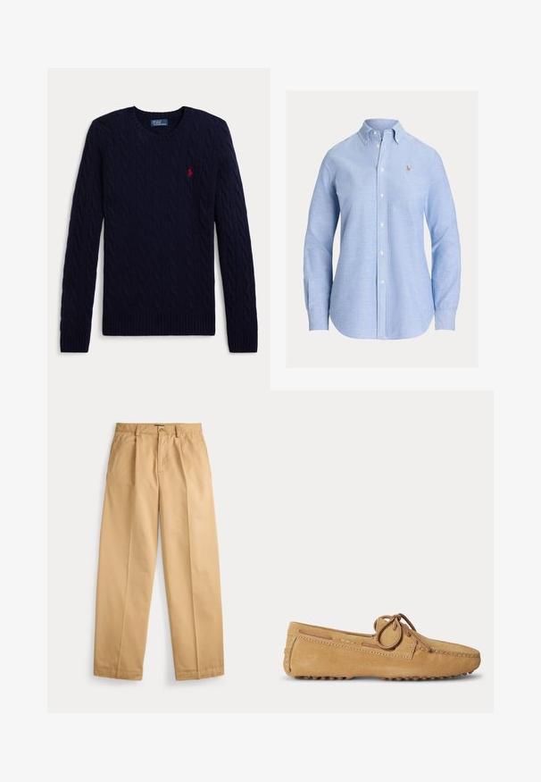 Jersey de punto de cable azul marino con mangas largas, cuello redondo, puños y bajo acanalados, con un pequeño logo bordado en rojo de un jugador de polo en el pecho.; Camisa azul claro de manga larga con botones, cuello abotonado y pequeño logo bordado en el lado izquierdo del pecho.; Pantalones beige de pierna recta con cierre de botón y cremallera, bolsillos delanteros, trabillas para cinturón y pliegues prensados a lo largo de las piernas.; Mocasín de ante marrón claro con punta redondeada, cordón de cuero atado en un lazo y suela de goma con relieves para mejor agarre.