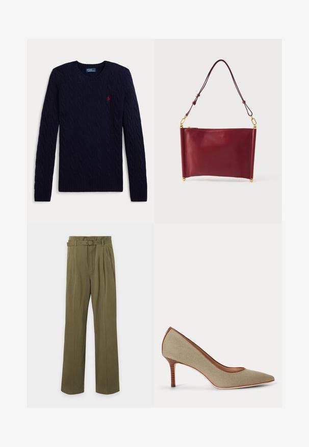 Mørkeblå kabelstrikket sweater med lange ærmer, rund hals, ribbede manchetter og kant, med en lille rød broderet polo-spiller logo på brystet.; Olivengrønne bukser med høj talje, et stofbælte og læg foran, lige ben.; Beige spids tå højhælet sko med tekstureret stofoverdel og brun kant, med en slank stablet hæl.; Vinrød læderhåndtaske med rektangulær form, guldfarvede metaldetaljer, lynlåslukning og en tynd skulderrem. Glat tekstur.