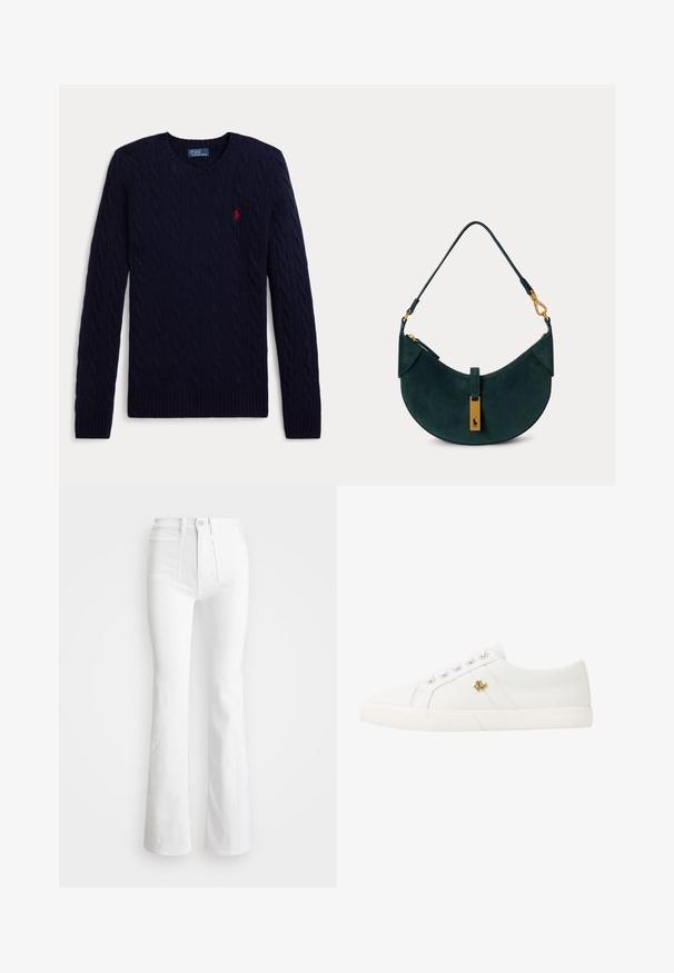 Mørkeblå kabelstrikket sweater med lange ærmer, rund hals, ribbede manchetter og kant, med en lille rød broderet polo-spiller logo på brystet.; Hvide flared jeans med høj talje, lavet af denim. Har to frontlommer og slidser i bunden. Rent design uden synlige detaljer.; Lauren Ralph Lauren JANSON II CANVAS SNEAKER - Sneakers - optic white; Mørkegrøn ruskind skuldertaske med buet form, guldtonet hardware og en kort rem med låsedetaljer.