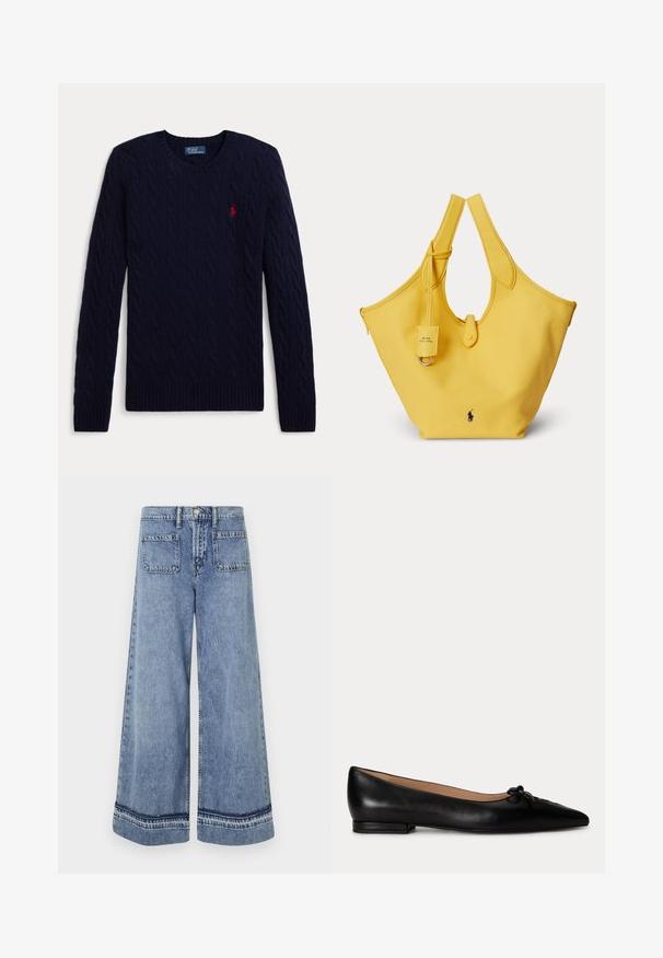 Mørkeblå kabelstrikket sweater med lange ærmer, rund hals, ribbede manchetter og kant, med en lille rød broderet polo-spiller logo på brystet.; Lysblå denim brede bukser med høj talje, to baglommer og kontrasterende syninger langs kanten.; Sort lædersko med flad hæl, spids tå og lille sløjfedetalje på toppen, lav hæl og beige indvendig beklædning.; Gul mulepose med brede håndtag, lille vedhæftet mærkat og broderet sort logo foran i midten.