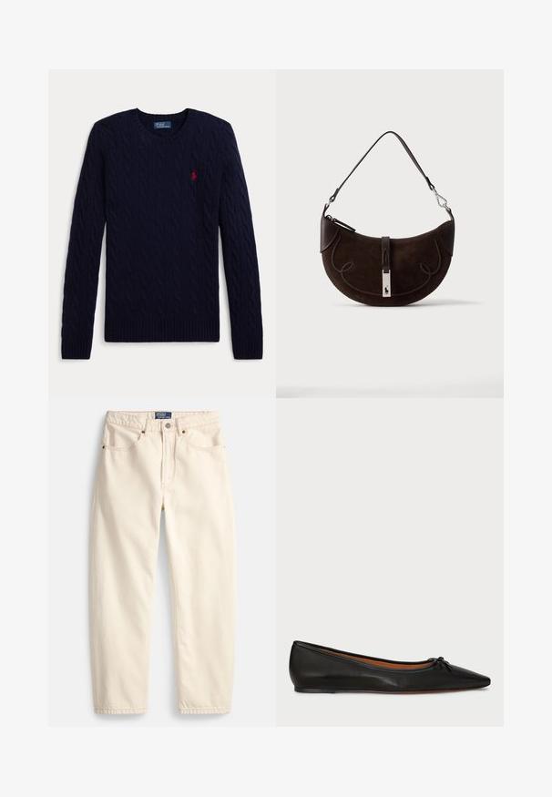 Navyblauwe kabelgebreide trui met lange mouwen, ronde hals, geribbelde manchetten en zoom, met een klein rood geborduurd polospelerlogo op de borst.; Spijkerbroeken in crèmekleur, gemaakt van denim, met een rechte pijpsnit, zakken aan de voorkant en een detail van bovenstiksels. Metalen knoop- en ritssluiting.; Zwarte leren balletschoenen met een spitse neus, slanke silhouet en een klein strikdetail aan de voorkant. Gladde textuur en minimalistisch ontwerp.; Donkerbruine suède handtas in halve maanvorm met gevlochten rand, leren bandje en een zilverkleurige sluiting met een klein paardenlogo.