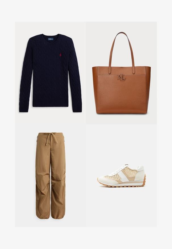 Mørkeblå kabelstrikket sweater med lange ærmer, rund hals, ribbede manchetter og kant, med en lille rød broderet polo-spiller logo på brystet.; Brune løstsiddende bukser med elastisk snørelukning i taljen, lynlåslommer i siden og elastiske manchetter ved anklerne.; Beige og hvid sneaker med mesh-sidepaneler, hvide snørebånd og brun gummisål med tekstureret greb, vist i profil.; Brun læder tote bag med en tekstureret overflade, der har to lange håndtag og et præget logo på forsiden.
