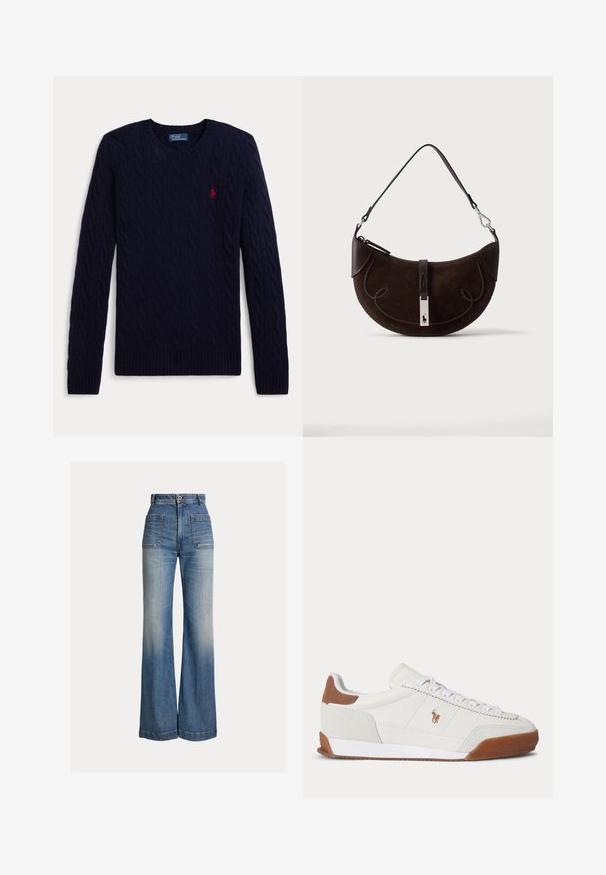 Navyblauwe kabelgebreide trui met lange mouwen, ronde hals, geribbelde manchetten en zoom, met een klein rood geborduurd polospelerlogo op de borst.; Blauwe denim jeans met hoge taille en wijde pijpen, voorzakken, knoopsluiting en vervaagde plekken op dijen en knieën.; Witte lage sneaker met bruine suède accenten bij hiel en neus, witte veters en een klein bruin geborduurd logo aan de zijkant.; Donkerbruine suède handtas in halve maanvorm met gevlochten rand, leren bandje en een zilverkleurige sluiting met een klein paardenlogo.