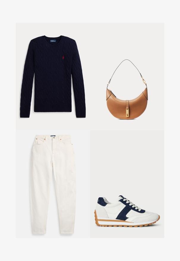 Mørkeblå kabelstrikket sweater med lange ærmer, rund hals, ribbede manchetter og kant, med en lille rød broderet polo-spiller logo på brystet.; Hvide høj-taljede jeans med lige ben, foran knap og lynlås, fem-lommer design og Polo mærkeetiket på linningen.; Hvide sneakers med marineblå denim og ruskindsdetaljer. Har en struktureret overdel, polstret krave, snørebånd foran og en kontrastfarvet gummisål.; Brun lædertaske i halvmåneform med kort strop og guldfarvet rektangulært vedhæng med en hestelogo på frontlåsen.