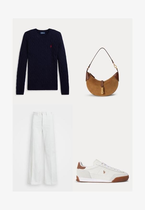 Jersey de punto de cable azul marino con mangas largas, cuello redondo, puños y bajo acanalados, con un pequeño logo bordado en rojo de un jugador de polo en el pecho.; Pantalones anchos blancos de mezclilla, con una cintura alta, cierre de botón y cremallera oculta. Textura suave sin patrones visibles.; Zapatilla blanca de corte bajo con acentos de ante marrón en el talón y la puntera, cordones blancos y un pequeño logo marrón bordado en el lateral.; Bolso en forma de media luna de ante marrón con detalles en cuero marrón oscuro, herrajes dorados y una correa corta para el hombro.