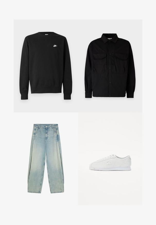 Musta puuvillainen collegepaita, jossa on pyöreä kaula-aukko, pitkät hihat ja pieni valkoinen Nike-logo vasemman rinnan yläosassa.; Jack & Jones JCOHELVETICA PARACHUTE OVERSHIRT - Vapaa-ajan kauluspaita - black; Vaaleansiniset leveälahkeiset farkut, joissa on etutaskut, vyölenkit ja nappikiinnitys.; Valkoinen nahkainen lenkkari, jossa on sileä pinta, pyöristetty kärki ja kumipohja. Varustettu hienovaraisella brändäyksellä ja kuudella reikällä nauhoille.