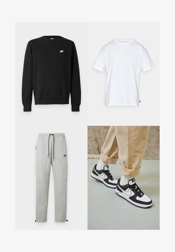 Sort sweatshirt lavet af bomuld med rund hals, lange ærmer og et lille hvidt Nike-logo på øverste venstre bryst.; Hvid bomulds T-shirt med korte ærmer og rund hals. Har et lille, diskret Nike-logo på brystet og et sidelabel.; Grå Nike sweatpants med snøre i taljen, sidelommer og elastiske manchetter. Har en glat overflade og kontrastfarvet sort logo-detalje.; Sorte og hvide Nike Air Force 1 sneakers med læderoverdel, perforeret tå og tekstureret såldetalje, båret med rullede beige bukser og hvide sokker.