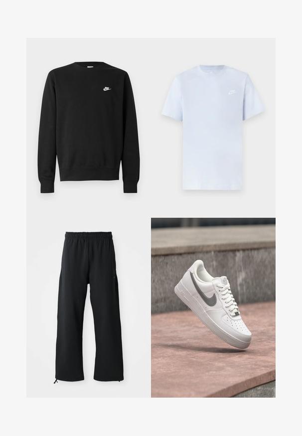 Mustast puuvillast dressipluus, millel on ümar kaelus, pikad varrukad ja väike valge Nike logo paremal ülakõhul.; Hele sinine puuvillane t-särk lühikeste varrukatega, ümar kaelus ja valge Nike logo trükituna vasakul rinnal. Sile tekstuur, lihtne disain.; Mustad laiad mustad püksid pehmest kangast, millel on elastne vöökoht ja nöör, küljetaskud ning sile tekstuur.; Valge Nike Air Force 1 toss hallika Nike logoga, hõljumas kivil pinnal ja halli kivitahvli taustal.