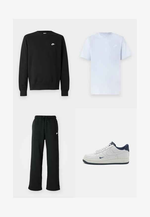 Sweat-shirt noir en coton, avec un col rond, des manches longues, et un petit logo Nike blanc sur la partie supérieure gauche de la poitrine.; T-shirt en coton bleu clair avec des manches courtes, col rond, et un logo Nike blanc imprimé sur la poitrine gauche. Texture lisse, design simple.; Pantalons de survêtement noirs en tissu doux, dotés d'une taille élastique avec cordon de serrage réglable et d'un petit logo décoratif sur le côté.; Baskets Nike Air Force 1 en cuir blanc avec des accents bleu marine, bout perforé, lacets plats et semelle en caoutchouc texturée.