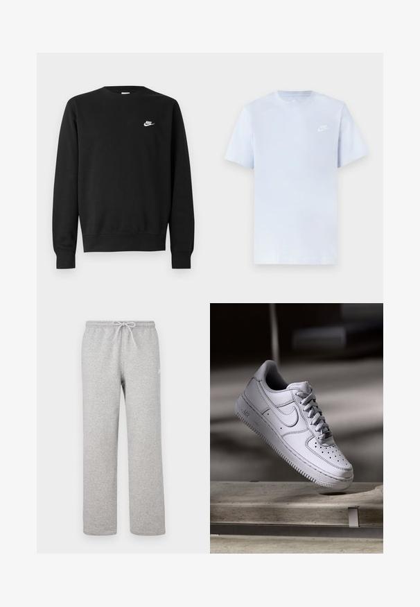 Sort sweatshirt lavet af bomuld med rund hals, lange ærmer og et lille hvidt Nike-logo på øverste venstre bryst.; Lyseblå bomulds t-shirt med korte ærmer, rund hals og et hvidt Nike-logo trykt på venstre bryst. Glat tekstur, simpelt design.; Grå joggingbukser med elastisk talje og snor. Fremstillet af blødt stof, de har lige ben og diskret logodetalje.; Hvid læder Nike Air Force 1 sneaker med perforeret tå, flade snørebånd og tekstureret gummisål med "AIR" branding på siden.