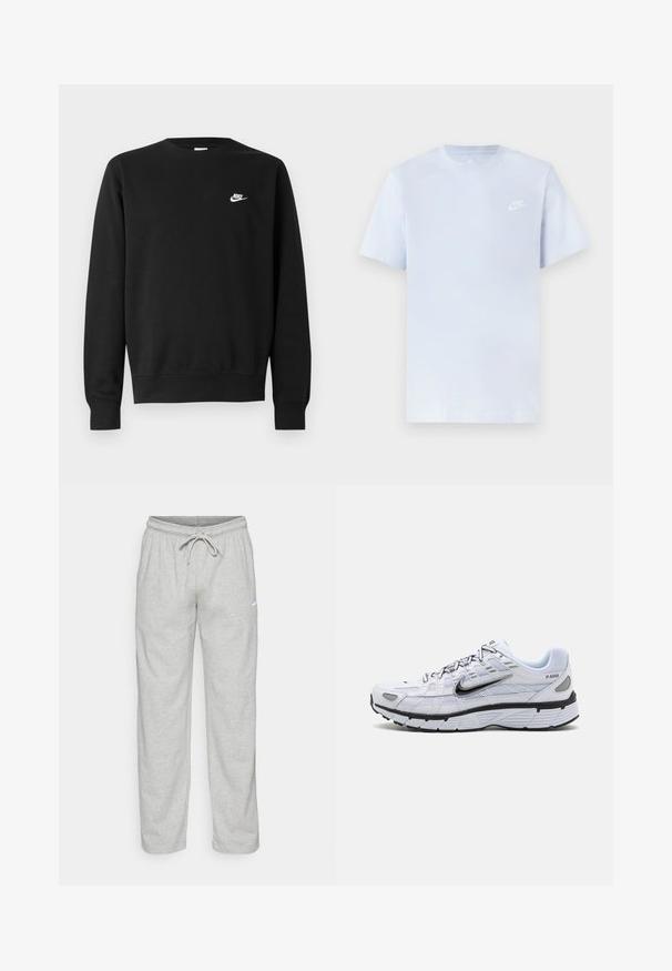 Mustast puuvillast dressipluus, millel on ümar kaelus, pikad varrukad ja väike valge Nike logo paremal ülakõhul.; Hele sinine puuvillane t-särk lühikeste varrukatega, ümar kaelus ja valge Nike logo trükituna vasakul rinnal. Sile tekstuur, lihtne disain.; Heledad hallhallid, mis on valmistatud pehmest kangast. Omab elastset vöökohta, millel on nöör ja must Nike logo vasakul reitel.; Valge jooksutoss, millel on võrkmaterjalist pealis, ümar varvas, mustad aksessuaarid ja mustriline tall. Omab paeltega kinnitamist ja brändingut külgedel.