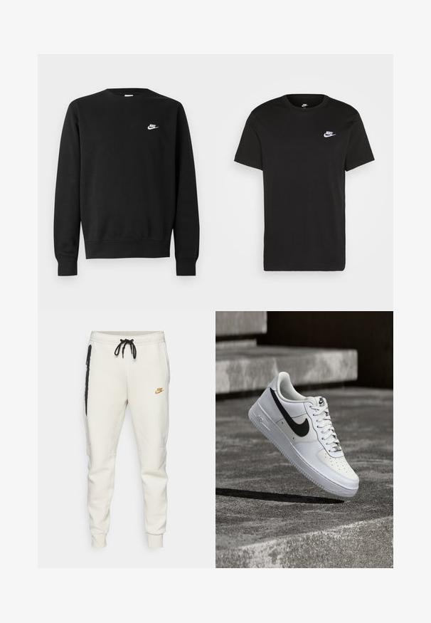 Sweat-shirt noir en coton, avec un col rond, des manches longues, et un petit logo Nike blanc sur la partie supérieure gauche de la poitrine.; T-shirt en coton noir à manches courtes, col rond, avec un petit logo Nike blanc sur la poitrine supérieure gauche. Texture lisse. Coupe classique.; Pantalon de survêtement Nike de couleur crème avec jambes fuselées, taille élastique, cordon noir et poches latérales zippées. Logo doré sur la cuisse gauche.; Baskets blanches Nike Air Force 1 avec le swoosh noir, lacets attachés, en suspension dans les airs au-dessus d'une surface en béton texturé en extérieur.