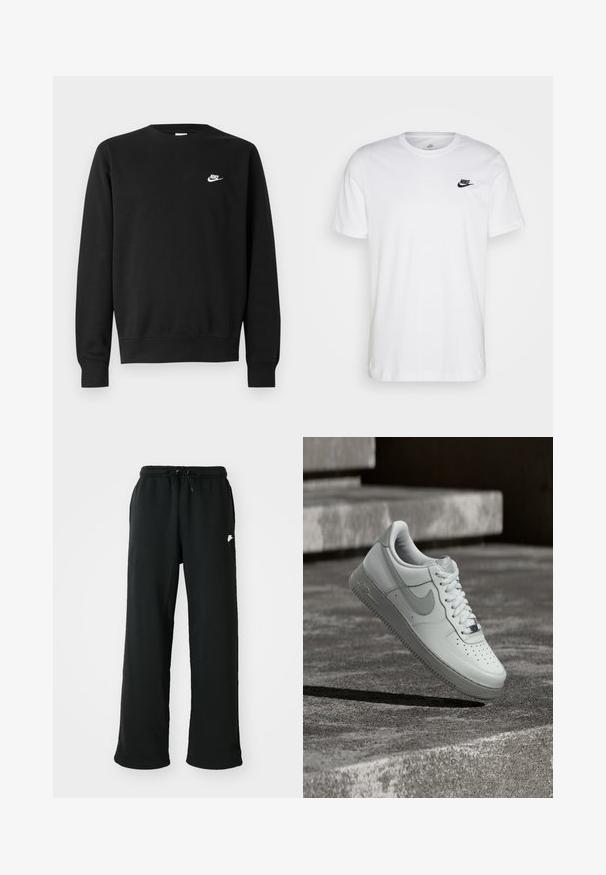 Musta puuvillainen collegepaita, jossa on pyöreä kaula-aukko, pitkät hihat ja pieni valkoinen Nike-logo vasemman rinnan yläosassa.; Valkoinen puuvillapaita, jossa on pyöreä kaula-aukko, lyhyet hihat ja musta Nike-logo vasemmassa rinnassa. Yksinkertainen, tasavärinen muotoilu.; Mustat collegehousut pehmeästä kankaasta, joissa on joustava vyötärönauha säädettävällä nyörillä ja pieni logo detail sivussa.; Valkoinen Nike Air Force 1 -tennari leijuu teksturoidun betonipinnan yläpuolella, taustalla kivisiä portaita.