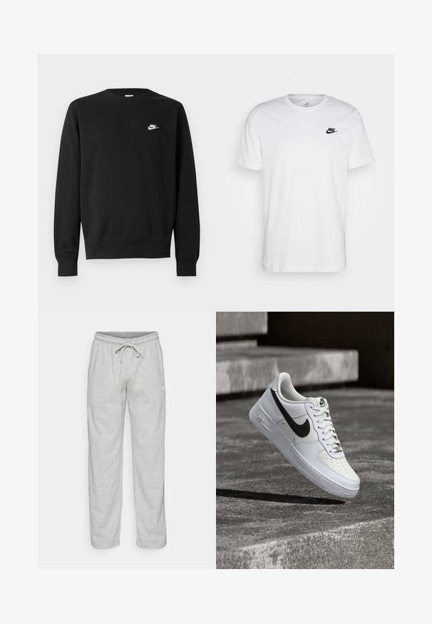 Mustast puuvillast dressipluus, millel on ümar kaelus, pikad varrukad ja väike valge Nike logo paremal ülakõhul.; Valge puuvillane T-särk, millel on ringkaelus, lühikesed varrukad ja must Nike logo vasakul rinnal. Lihtne, ühtlane värvi disain.; Heledad hallhallid, mis on valmistatud pehmest kangast. Omab elastset vöökohta, millel on nöör ja must Nike logo vasakul reitel.; Valge Nike Air Force 1 toss, millel on must swoosh, paelad seotud, paikneb õhus hallil tekstureeritud betoonpinnal välitingimustes.