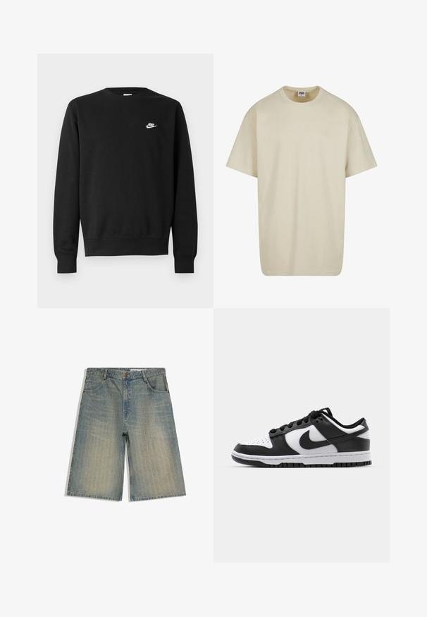 Musta puuvillainen collegepaita, jossa on pyöreä kaula-aukko, pitkät hihat ja pieni valkoinen Nike-logo vasemman rinnan yläosassa.; Vaaleanbeige puuvillainen T-paita, jossa on lyhyet hihat, pyöreä pääntie ja rento istuvuus. Kangas näyttää sileältä ilman näkyviä kuvioita tai yksityiskohtia.; Denimistä valmistetut polven mittaiset shortsit, joissa haalistuneet pystysuorat raidat, edessä nappi, vetoketju ja viiden taskun malli valkoisella taustalla.; Mustat ja valkoiset Nike Dunk -lenkkarit, joissa on nahkapinta, reikätty varvaspään osa, mustat nauhat ja musta kumipohja, jossa on uramalli.
