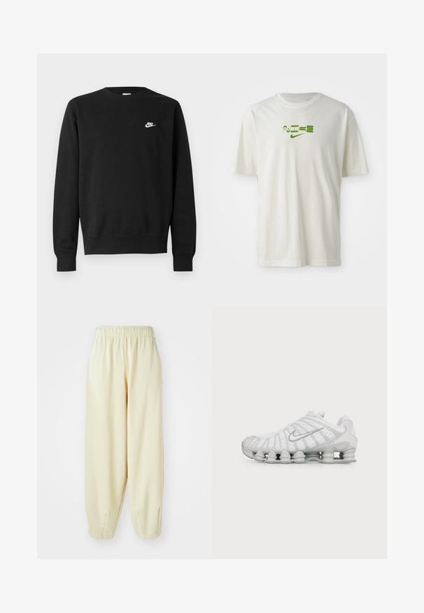 Sort sweatshirt lavet af bomuld med rund hals, lange ærmer og et lille hvidt Nike-logo på øverste venstre bryst.; Hvid bomulds t-shirt med et grønt grafisk print med ordet "NIKE" og logo. Korte ærmer og rund hals. Glat tekstur.; Cremefarvede sweatpants med elastisk talje, indsnævrede benmanchetter og løs pasform. Fremstillet af blød, letvægtig stof.; Hvid Nike sneaker med karakteristisk bølget design og fjederlignende polstring under sålen, set fra siden på en ensfarvet baggrund.