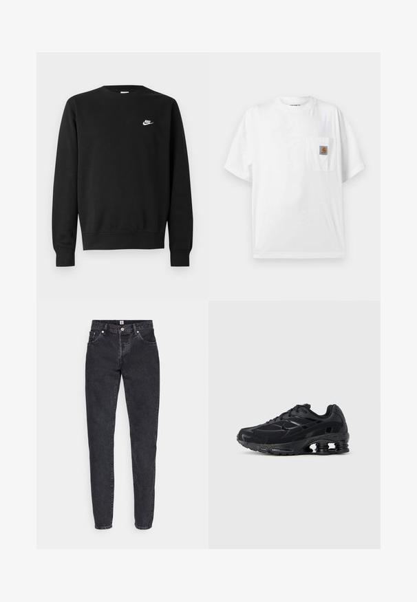 Musta puuvillainen collegepaita, jossa on pyöreä kaula-aukko, pitkät hihat ja pieni valkoinen Nike-logo vasemman rinnan yläosassa.; Valkoinen lyhythihainen pyöreäkauluksinen t-paita, jossa on rintatasku ja pieni ruskean ja mustan Carhartt-logon merkki.; Mustat farkut suoralla lahkeella, viiden taskun tyylillä, nappikiinnitys ja hienovarainen haalistunut kuvio.; Musta urheilukenkä, jossa on verkkopäällinen, pehmustettu kaulus ja näkyvä iskunvaimennusteknologia kantapäässä. Sisältää teksturoituja yksityiskohtia ja nauhat.