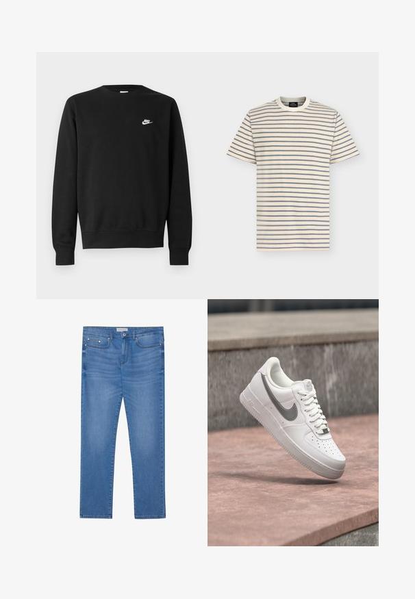 Zwarte sweater van katoen, met een ronde hals, lange mouwen en een klein wit Nike-logo aan de bovenkant van de linkerborst.; Kremekleurig T-shirt met korte mouwen met dunne horizontale strepen in marineblauw en lichtoranje, ronde hals, plat gelegd op een witte achtergrond.; Lichtblauwe spijkerbroek met een rechte pijp, vijf zakken, subtiele vervaging en metalen accenten op de taille en zakken.; Witte Nike Air Force 1 sneaker met grijs swoosh-logo zwevend boven een stenen oppervlak en een grijze stenen muur op de achtergrond.