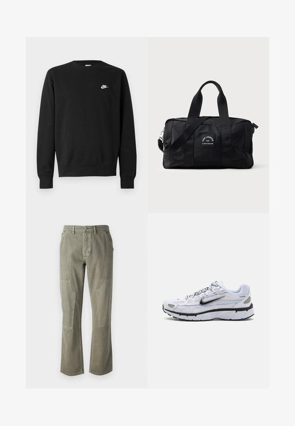 Zwarte sweater van katoen, met een ronde hals, lange mouwen en een klein wit Nike-logo aan de bovenkant van de linkerborst.; Olijfgroene broek van katoen met een recht model, voorzien van ribbelaccenten op de buidelzakken en contrasterende stiksels.; Witte hardloopschoen met een bovenkant van mesh, ronde neus, zwarte accenten en een geëtst zool. Kenmerken van veters en branding aan de zijkant.; Zwarte sporttas gemaakt van nylon, met dubbele handgrepen aan de bovenkant, een afneembare schouderriem en een rechthoekig lichaam met een logo-opdruk.