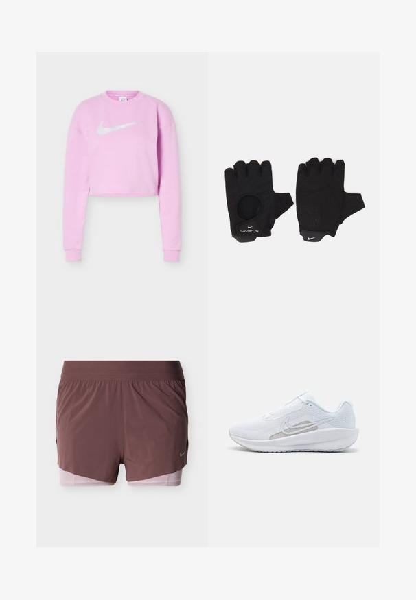Sweat-shirt court violette claire avec manches longues et logo Nike swoosh blanc centré sur la poitrine.; Shorts en mauve profond avec un design léger, dotés d'une large ceinture et d'une doublure intérieure rose. Comprennent un petit détail de logo sur le côté.; Baskets blanches avec une tige en mesh, bout rond et semelle texturée. Présentent un swoosh Nike argenté et un design minimaliste.; Gants sans doigts noirs avec un design texturé. Fabriqués en matériau respirant, dotés d'un trou pour le pouce et d'une paume renforcée pour une meilleure prise.
