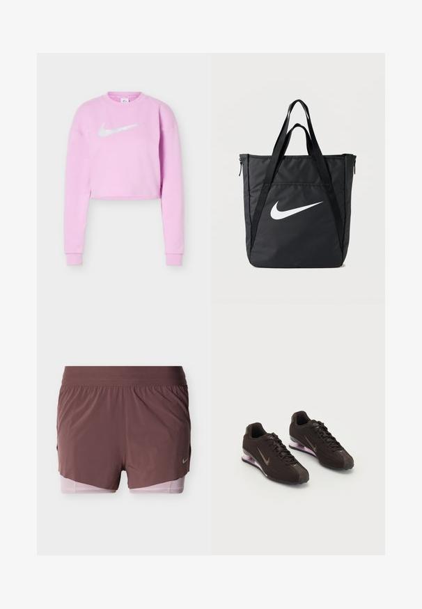 Sweat-shirt court violette claire avec manches longues et logo Nike swoosh blanc centré sur la poitrine.; Shorts en mauve profond avec un design léger, dotés d'une large ceinture et d'une doublure intérieure rose. Comprennent un petit détail de logo sur le côté.; Baskets de sport noires avec une tige texturée, des accents marron et une semelle à coussin d'air violette. Design à lacets avec une marque bien visible.; Sac fourre-tout en nylon noir avec deux bretelles, doté d'un grand logo blanc Nike, fermeture éclair, et un design rectangulaire élégant.
