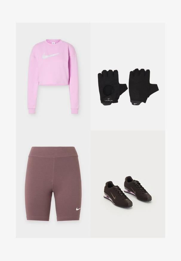 Sweat-shirt court violette claire avec manches longues et logo Nike swoosh blanc centré sur la poitrine.; Shorts de cycliste de couleur mauve douce, fabriqués en tissu extensible. Présentent une taille haute et un petit logo swoosh blanc de Nike.; Baskets de sport noires avec une tige texturée, des accents marron et une semelle à coussin d'air violette. Design à lacets avec une marque bien visible.; Gants sans doigts noirs avec un design texturé. Fabriqués en matériau respirant, dotés d'un trou pour le pouce et d'une paume renforcée pour une meilleure prise.
