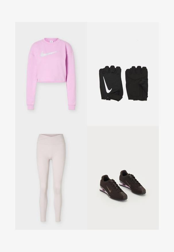 Sweat-shirt court violette claire avec manches longues et logo Nike swoosh blanc centré sur la poitrine.; Leggings beige clair taille haute sans coutures avec un détail de ceinture croisée, présentés à plat sur un fond blanc.; Baskets de sport noires avec une tige texturée, des accents marron et une semelle à coussin d'air violette. Design à lacets avec une marque bien visible.; Gants de gym sans doigts noirs en tissu respirant, avec un logo blanc Nike, des paumes rembourrées et un design ouvert au niveau du poignet pour plus de flexibilité.