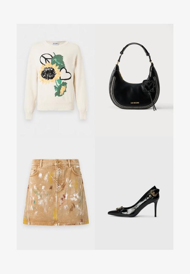 Pull tricoté blanc avec un grand tournesol, des feuilles vertes, un symbole de paix noir et un cœur contour noir à l'avant.; Jupe en jean beige avec poches avant et éclaboussures de peinture blanche, jaune, verte, bleue et brune, créant un look artistique décontracté.; Chaussure à talon haut en cuir verni noir avec un bout pointu, un détail nœud à l'avant et un accent décoratif en métal doré à l'arrière.; Sac hobo en cuir noir avec surpiqûres blanches contrastantes, forme courbée, ferrures dorées et un charm décoratif en forme de « M » attaché.