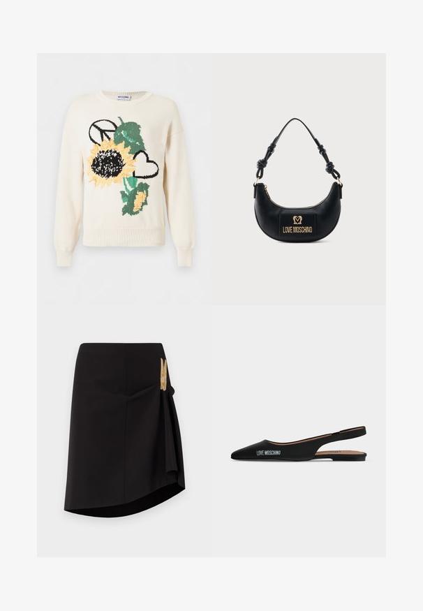 Pull tricoté blanc avec un grand tournesol, des feuilles vertes, un symbole de paix noir et un cœur contour noir à l'avant.; Jupe enveloppante noire avec un ourlet diagonal, texture lisse et un accent de fermoir décoratif en or sur le côté. Design simple et ajusté.; Chaussure plate slingback noire pointue avec un petit talon et logo "LOVE MOSCHINO" sur le côté, sur un fond clair uni.; Sac à main noir demi-lune avec poignée nouée et plaque logo dorée "Love Moschino" sur le devant, fermeture éclair en haut.