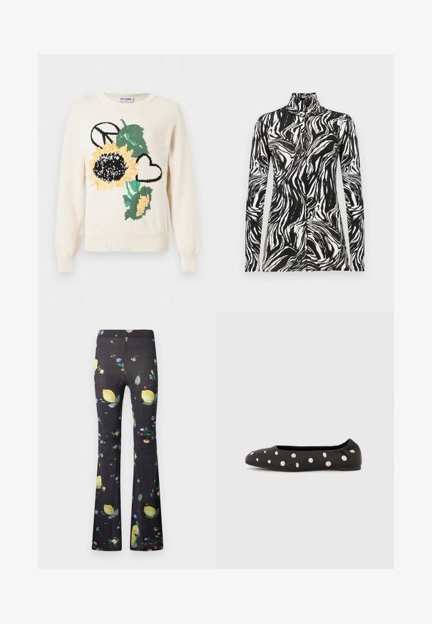 Pull tricoté blanc avec un grand tournesol, des feuilles vertes, un symbole de paix noir et un cœur contour noir à l'avant.; Top à manches longues avec col roulé, présentant un motif abstrait en vagues noir et blanc, fabriqué en tissu léger et lisse.; Pantalon noir évasé avec un motif coloré de citrons et de petites fleurs dispersé sur tout le tissu.; Chaussure ballerine noire à bride élastique à l'arrière, ornée de gros clous ronds argentés dispersés sur le dessus, vue de profil sur fond blanc.