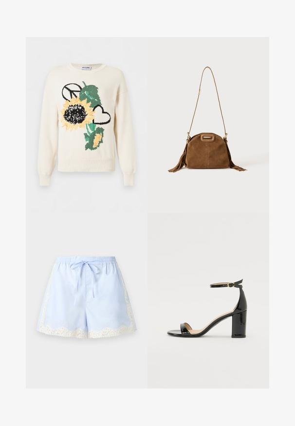 Pull tricoté blanc avec un grand tournesol, des feuilles vertes, un symbole de paix noir et un cœur contour noir à l'avant.; Shorts bleu clair avec taille élastique et lien à l'avant, ornés d'une bordure en dentelle blanche sur les côtés et d'un ourlet festonné.; Sandale à talon haut en cuir verni noir avec bride à la cheville et boucle dorée, bout ouvert et talon bloc sur fond blanc.; Sac à épaule en daim marron avec une longue bandoulière, une découpe rectangulaire de la poignée et des détails à pompons sur les côtés sur fond blanc.
