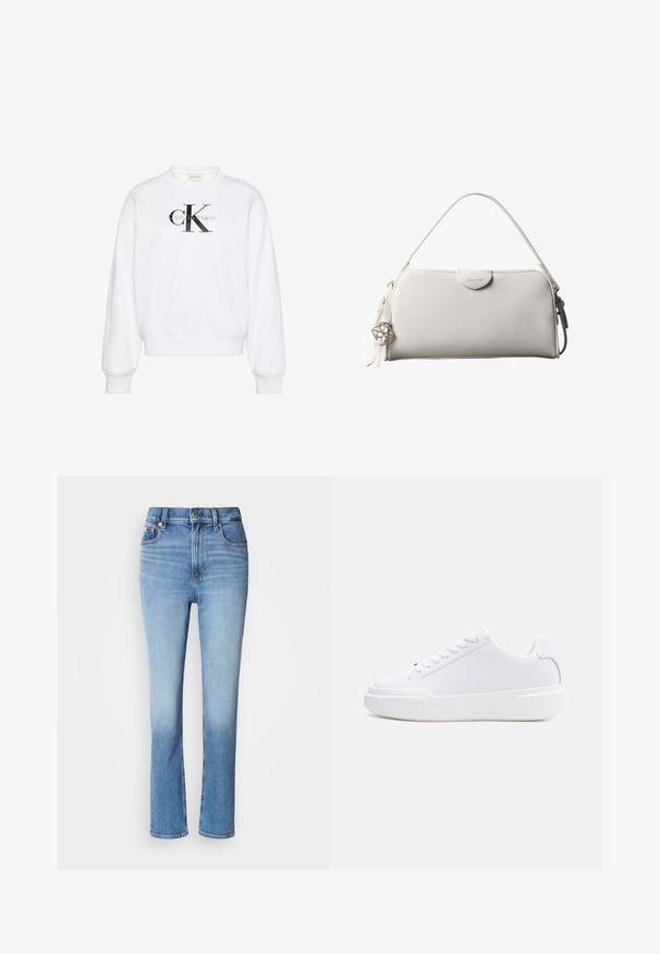 Hvid sweatshirt med rund hals, lange ærmer, ribstrikkede manchetter og kant. Har et stort sort 'CK'-logo på fronten og blød tekstur.; Blå denimjeans med høj talje, lige ben-design, falmede farvegradient og fem-lomme stil. Metalknap- og lynlås-lukning.; Hvid lavtop-sneaker med snørelukning, tyk sål og glat overdel, vist fra ydersiden mod en ensartet lys baggrund.; Hvid rektangulær Calvin Klein håndtaske med enkelt håndtag, minimalistisk design og dekorative kvaster med geometrisk metalvedhæng på siden.