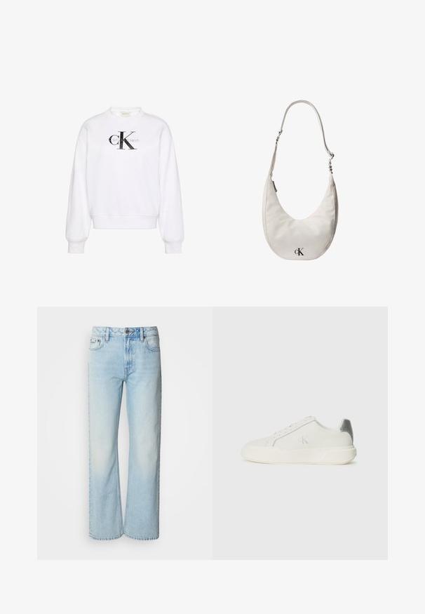 Hvid sweatshirt med rund hals, lange ærmer, ribstrikkede manchetter og kant. Har et stort sort 'CK'-logo på fronten og blød tekstur.; Lyseblå brede jeans lavet af denim med et klassisk fem-lomme design og en subtil falmet tekstur. Denim-syninger er synlige.; Hvide sneakers lavet af læder med en glat tekstur, forsynet med en sølvaccent på hælen, flad sål og minimalistisk design.; Hvid skuldertaske i læder formet som en halvmåne med justerbar rem, lynlåslukning og sort Calvin Klein-logo foran.