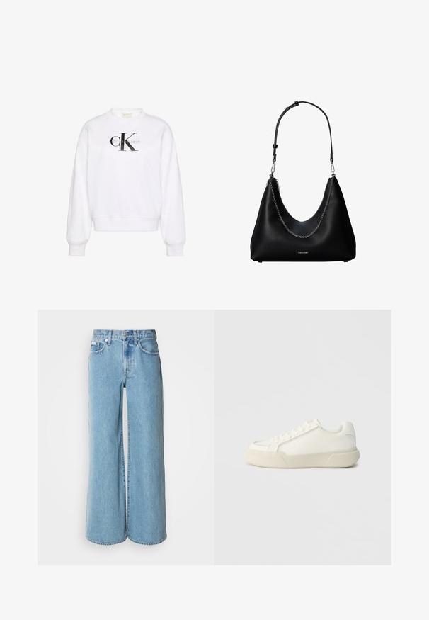 Witte trui met ronde hals, lange mouwen, geribbelde boorden en zoom. Voorzien van een groot zwart 'CK' logo aan de voorkant en een zachte textuur.; Lichtblauwe wijde jeans van denim, met een hoge taille, vijf pockets en subtiele vervaging langs de stof.; Witte sneaker van glad leer, met een ronde neus, vetersluiting aan de voorkant en een dikke rubberen zool met een hoekig ontwerp.; Zwarte leren handtas met een zilveren kettingdetail en verstelbare schouderriem, met het Calvin Klein-logo aan de voorkant.