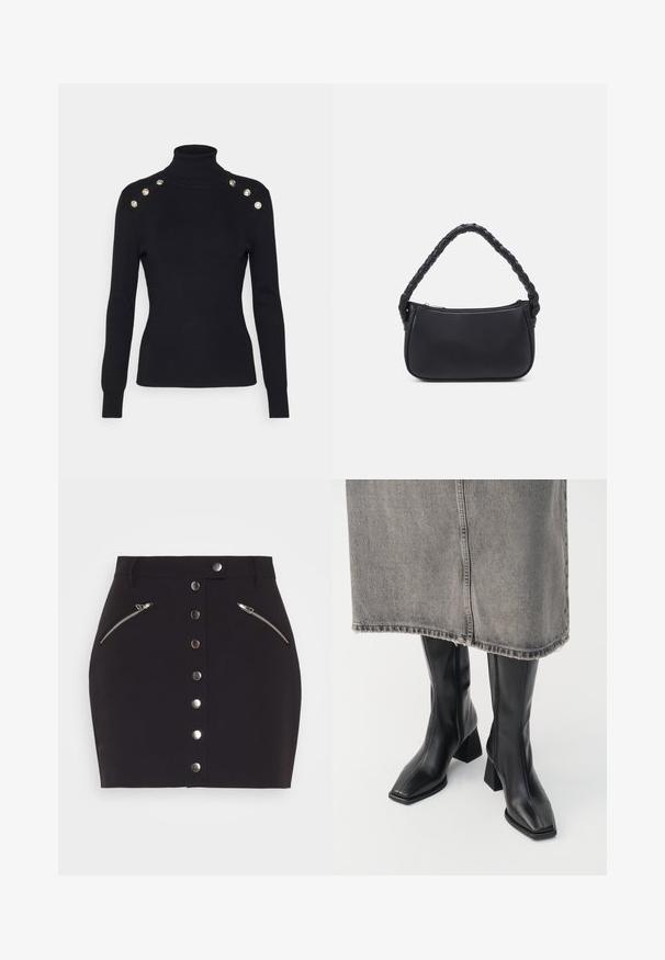 Morgan MIBO - Jersey de punto - noir; Samsøe Samsøe JOLINA SKIRT - Minifalda - black; Botas negras hasta la rodilla de cuero liso con punta cuadrada y tacón cuadrado. Llevadas con una falda de mezclilla gris con dobladillo desflecado.; Bolso negro de forma redondeada, hecho de material liso. Presenta un asa trenzada y un cierre de cremallera para un almacenamiento seguro.
