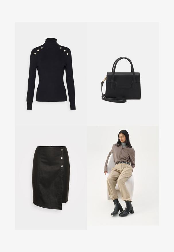 Morgan MIBO - Jersey de punto - noir; ONLY ONLNANNA SKIRT - Falda cruzada - black; Mujer con cabello largo y negro apoyada en una silla curva blanca, vistiendo una blusa topo, pantalones beige, cinturón negro y botines negros con tacón.; Bolso estructurado negro de cuero con un asa superior, correa de hombro desmontable y un detalle de tapa en la parte frontal. Acentos en dorado.