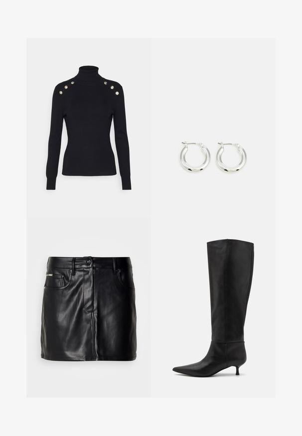 Morgan MIBO - Pullover - noir; Mini-jupe en cuir noir au design ajusté, dotée de poches avant, d'une fermeture à bouton et d'une texture lisse.; Bottes en cuir noir montant jusqu'au genou avec un bout pointu et un petit talon. Texture lisse et design minimaliste sans matériel ou accents visibles.; Boucles d'oreilles en argent avec une finition polie, présentant une forme circulaire et une fermeture à charnière. Texture lisse avec un minimum de détails.