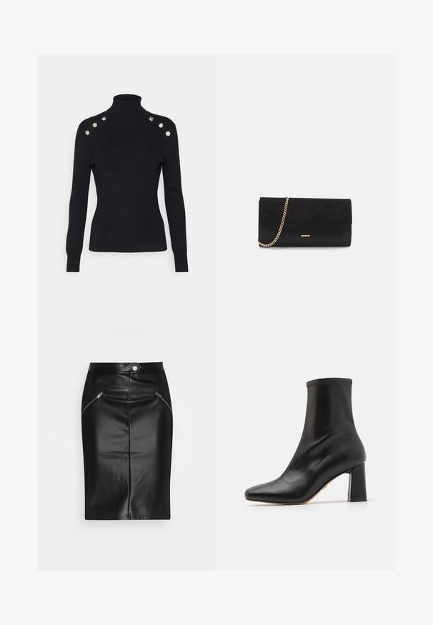Morgan MIBO - Jersey de punto - noir; Falda lápiz de cuero negro con una textura suave, que presenta dos bolsillos con cremallera en el frente y una silueta ajustada.; Botín de cuero negro con textura suave, punta en forma de pico y tacón ancho. Cuenta con una parte superior elástica con costuras en contraste.; Bolso de mano negro hecho de ante con un acabado texturizado, que presenta una cadena dorada y un diseño elegante y angular.