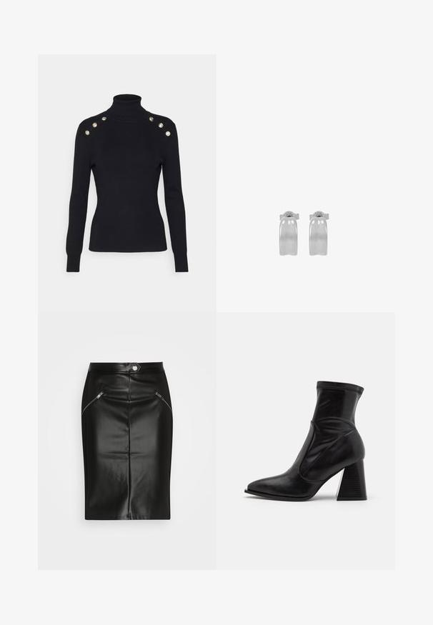 Morgan MIBO - Jersey de punto - noir; Falda lápiz de cuero negro con una textura suave, que presenta dos bolsillos con cremallera en el frente y una silueta ajustada.; Botín negro de cuero suave, con punta afilada, puño elástico en el tobillo y tacón apilado y texturizado.; Par de pendientes de aro de plata pulida con superficie lisa, ligeramente curva y cierres de mariposa, mostrados sobre un fondo blanco.