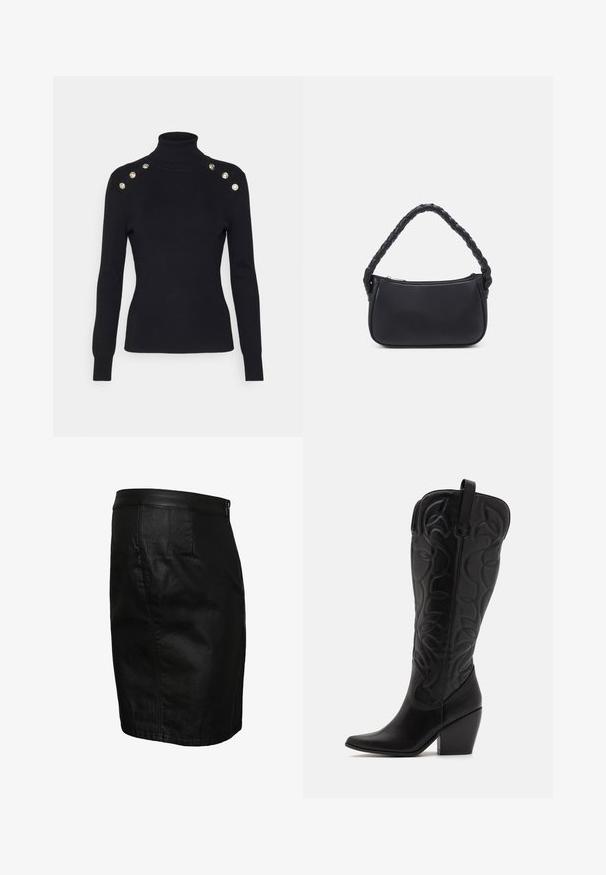 Morgan MIBO - Jersey de punto - noir; Falda de mezclilla negra con silueta ajustada, cinturilla de cuero suave, costuras simples y bolsillos laterales. Sin patrones ni detalles visibles.; Botas negras de cuero hasta la rodilla con punta puntiaguda y tacón apilado. Presentan costuras decorativas y elementos de diseño curvados.; Bolso negro de forma redondeada, hecho de material liso. Presenta un asa trenzada y un cierre de cremallera para un almacenamiento seguro.