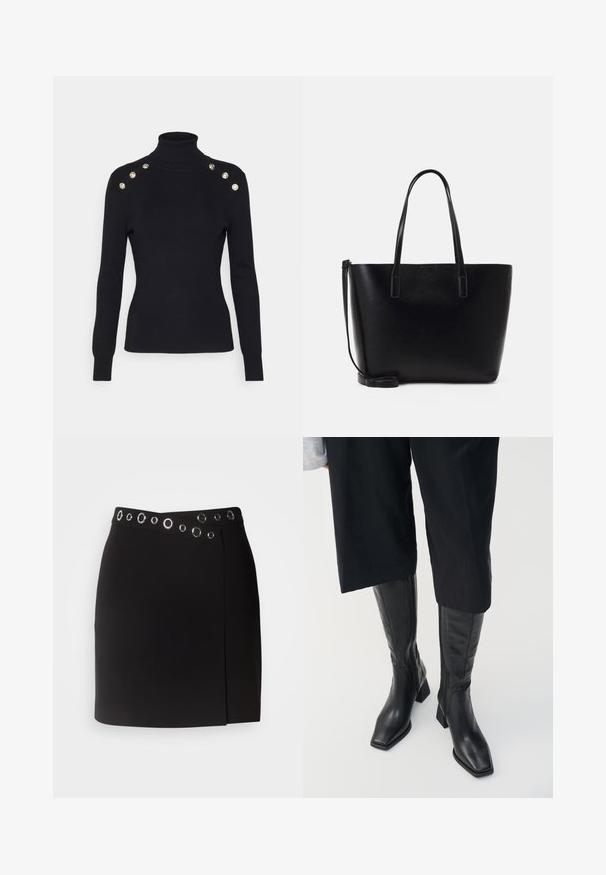 Morgan MIBO - Pullover - noir; Morgan JILLY - Jupe portefeuille - noir; Bottes en cuir noir arrivant au genou avec un bout carré et un talon bloc. Elles présentent une fermeture éclair sur le côté et une texture lisse.; Sac à dos en cuir noir avec deux longues anses, une forme structurée, une texture lisse et une bandoulière amovible. Détail de marque subtil.