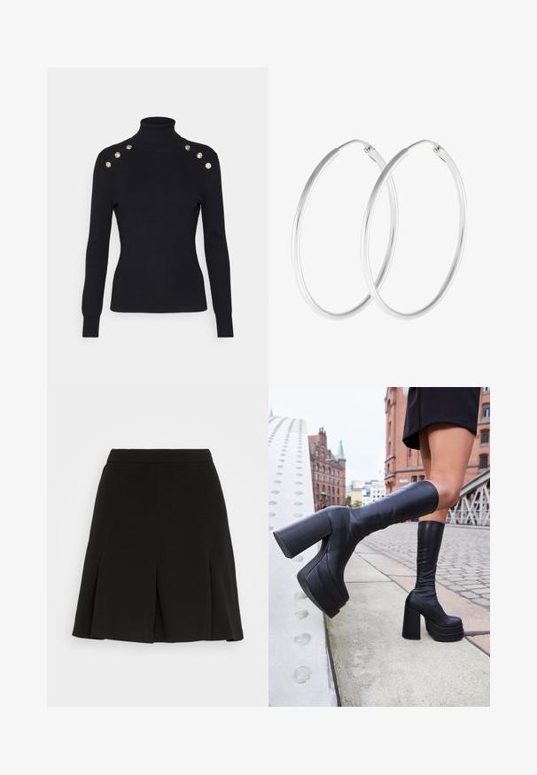 Morgan MIBO - Svetrík - noir; Even&Odd by Zalando Minisukňa - black; Čierne vysoké platformové čižmy z hladkej kože, s hrubými štvorcovými podpätkami a elegantným dizajnom, umiestnené na pozadí mestského prostredia.; Strieborné kruhové náušnice s hladkým, okrúhlym tvarom a lešteným povrchom. Obe náušnice sú rovnakej veľkosti a disponujú bezpečným uzatváracím mechanizmom.
