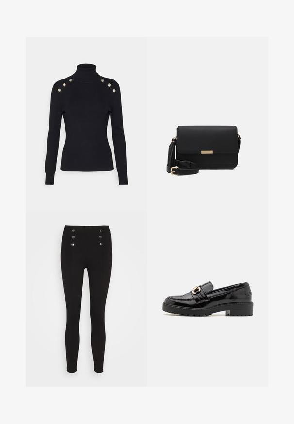 Morgan MIBO - Pullover - noir; Leggings noirs avec taille haute, ornés de quatre boutons métalliques à l'avant. Fabriqués en matériau extensible, ils présentent un design élégant et ajusté.; Mocassins en cuir verni noir avec un petit talon bloc, dotés d'une boucle en métal doré proéminente et d'une semelle texturée crantée.; Sac en cuir noir avec un rabat, accents en matériel doré, sangle réglable et surface texturée. Forme rectangulaire compacte.