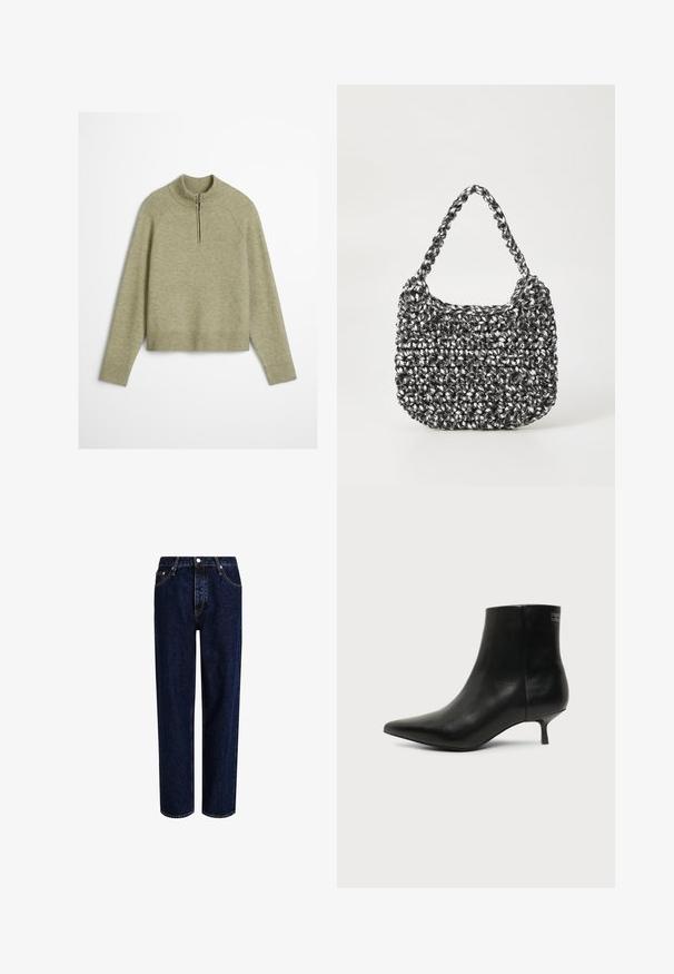 Lys grøn pullover sweater lavet af et blødt, tekstureret stof, med en halv lynlås ved kraven og ribbede manchetter og kant.; Mørkeblå denim jeans med lige ben-design, der har høj talje, fem-lomme-stil og kontrastsyninger. Ingen dekorationer.; Sort læder ankelstøvle med spids tå og lav kitten hæl på lys baggrund, der viser yderside.; Vævet håndtaske i sort og hvid med en rund form, tekstureret overflade og et fletet håndtag. Velegnet til afslappet brug.