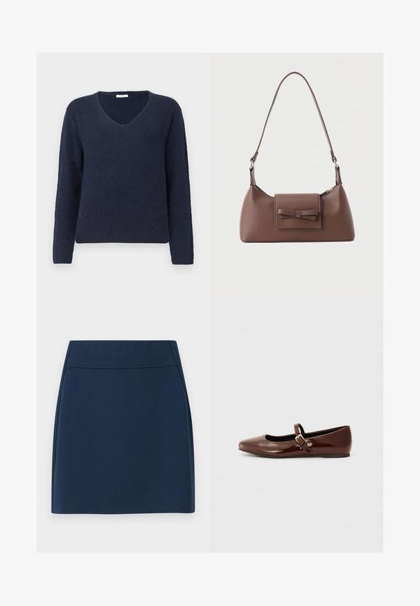 Mørkeblå ribstrikket sweater med lange ærmer og V-hals, vist på en ensfarvet lys baggrund.; Marineblå, knælængde, lige nederdel med sømdetaljer og en tætsiddende linning, vist på en ensfarvet hvid baggrund.; Brun patentlæder balletflade med firkantet tå og strop med en lille guldbuckle. Glat tekstur, lav hæl og minimalistisk design.; Brun skuldertaske i læder med en frontlomme med klap, der har en sydd sløjfedetalje, og en justerbar rem.