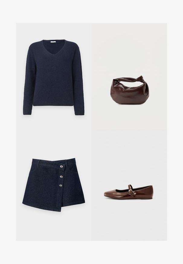 Navyblauwe ribgebreide trui met lange mouwen en een V-hals, weergegeven op een effen lichte achtergrond.; Donkerblauwe denim minirok met asymmetrische voorkant, zilverkleurige knoopsluitingen, riemlussen en steekzakken vooraan op effen achtergrond.; Bruine gepatineerde leren balletschoen met een vierkante neus en een bandje met een kleine gouden gesp. Gladde textuur, lage hak en minimalistisch ontwerp.; Donkerbruine leren schoudertas met een zachte, slungelige vorm en een gedraaide knoopvormige handgreep op een effen witte achtergrond.